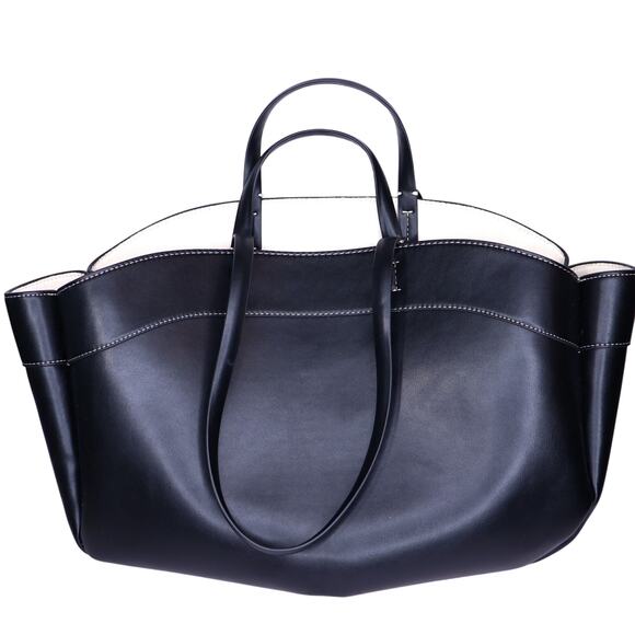 ZARA Faux Leather Shopper’s Bag Black Top Handle Canvas Insert Shoulder Bag - Picture 2 of 8